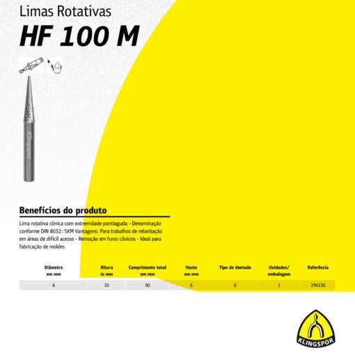 Lima Rotativa Cônica HF 100 M 6x20x6mm Klingspor Metal Duro Ponta Aguda - Imagem 2